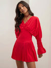 Chic Pleated Mini Dress for Women - Elegant Red V-Neck Long Sleeve Fall Outfit