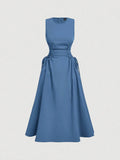 Baby blue fit and flare midi dress front view with round neck
