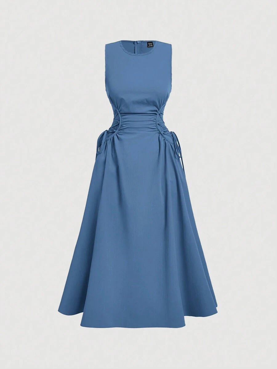 Baby blue fit and flare midi dress front view with round neck
