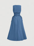 Back view of baby blue sleeveless midi dress with zipper closure