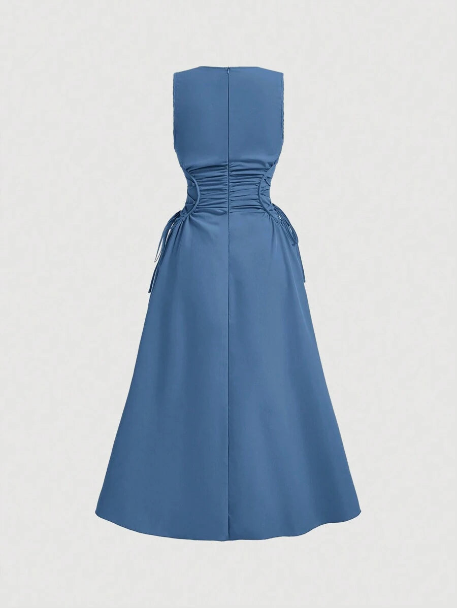 Back view of baby blue sleeveless midi dress with zipper closure