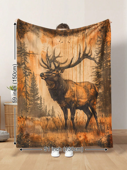 Rustic Deer Plush Blanket - Cozy Woodgrain Design for Year-Round Comfort