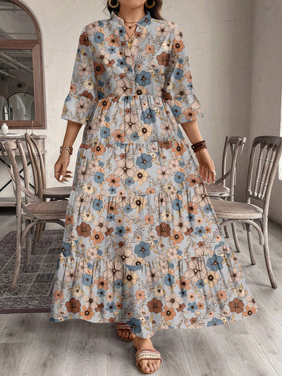 Chic & Cozy Plus Size Yellow Ditsy Floral Dress for Autumn/Winter