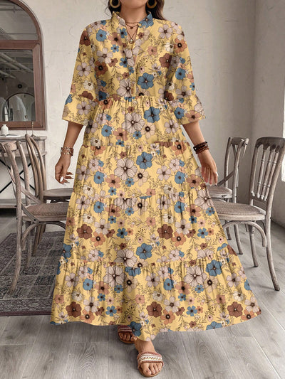 Chic & Cozy Plus Size Yellow Ditsy Floral Dress for Autumn/Winter