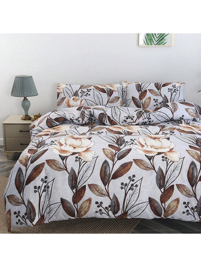 Chic Floral Retreat: 3-Piece Polyester Bedding Set with Duvet Cover & Pillowcases