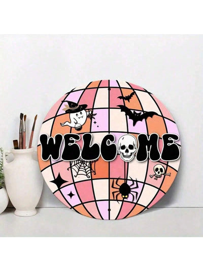 Spooky Elegance: Metal Skull Disco Ball Welcome Sign for Halloween & Holiday Decor