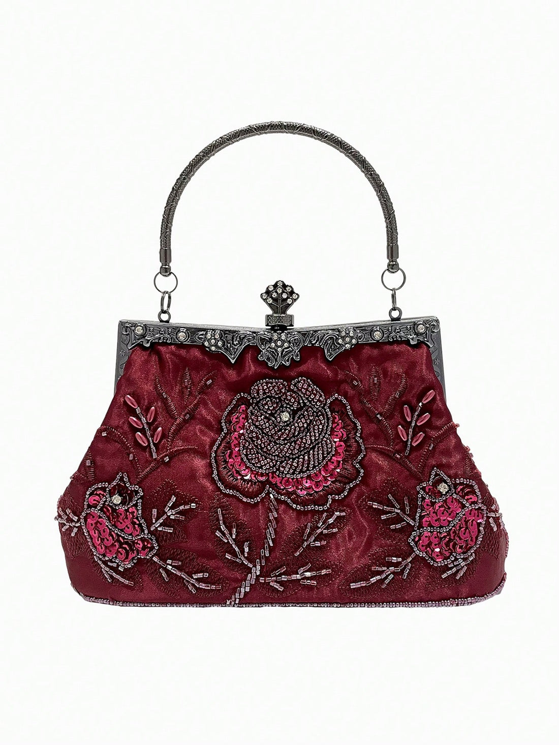 With beautiful burgundy rose embroidery and a vintage 1920s style, this elegant evening clutch is the perfect accessory for formal events. The intricate beadwork exudes timeless sophistication, making it a must-have for any wardrobe. Elevate your look and make a statement with this stunning purse.