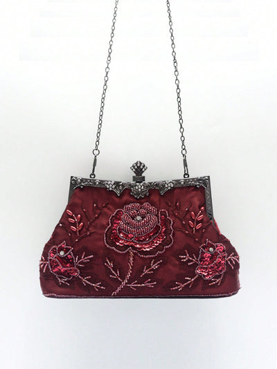 Elegant Burgundy Rose Embroidered Evening Clutch - Vintage 1920s Style Beaded Purse for Formal Events