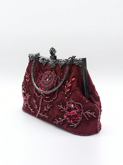 Elegant Burgundy Rose Embroidered Evening Clutch - Vintage 1920s Style Beaded Purse for Formal Events