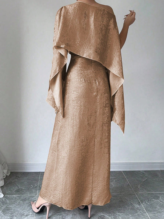 Gold Asymmetrical Midi Dress – Elegant Solid Color Design