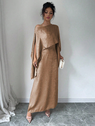 Gold Asymmetrical Midi Dress – Elegant Solid Color Design