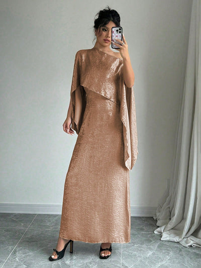 Gold Asymmetrical Midi Dress – Elegant Solid Color Design