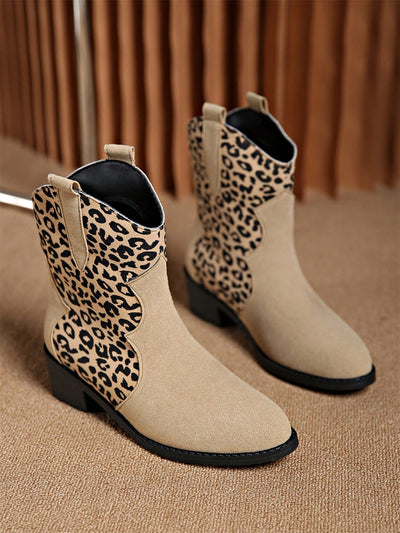 Chic Leopard Print Slip-On Short Boots - Versatile Western Style & Comfort