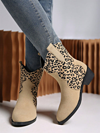 Chic Leopard Print Slip-On Short Boots - Versatile Western Style & Comfort