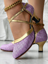 Elegant Purple & Gold Metallic Sequin Latin Dance Shoes with Chunky Mid Heel