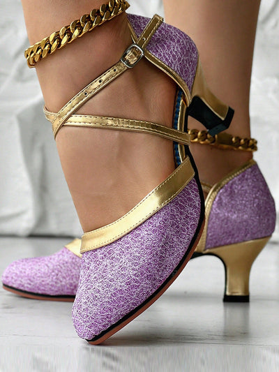 Elegant Purple & Gold Metallic Sequin Latin Dance Shoes with Chunky Mid Heel