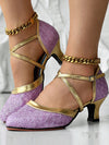 Elegant Purple & Gold Metallic Sequin Latin Dance Shoes with Chunky Mid Heel