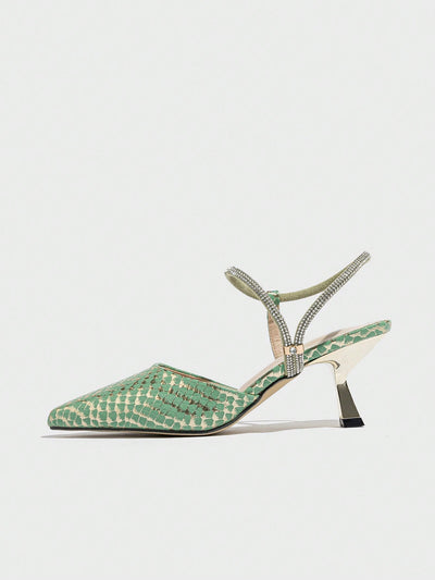 Elegant Butterfly Mid-Heel Pumps - Shiny Snake Print with Hollow-Out Design