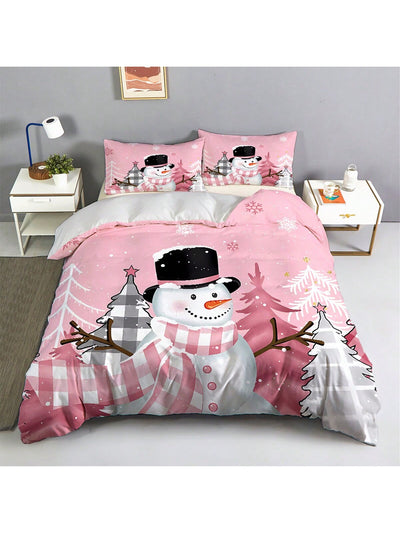 Cozy 3-Piece Pink Snowman Duvet Cover Set – Soft Cartoon Digital Print Bedding for a Charming Bedroom