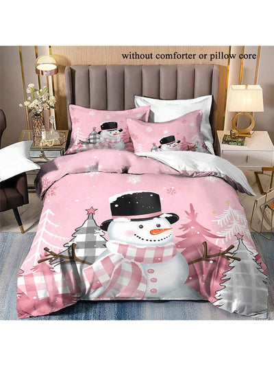 Cozy 3-Piece Pink Snowman Duvet Cover Set – Soft Cartoon Digital Print Bedding for a Charming Bedroom