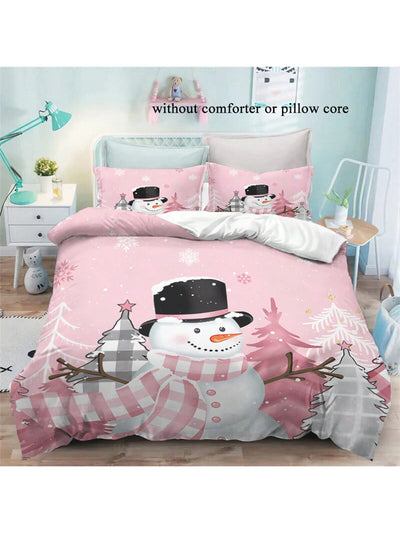 Cozy 3-Piece Pink Snowman Duvet Cover Set – Soft Cartoon Digital Print Bedding for a Charming Bedroom