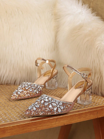 Elegant Rhinestone-Embellished Pointed Toe Stiletto Heels - Versatile Slip-On Shoes for Every Occasion