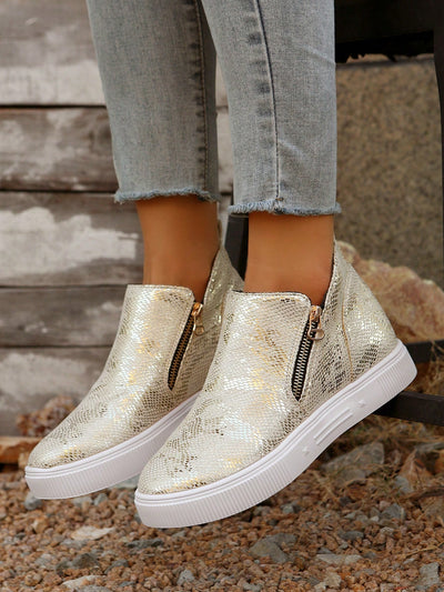 Chic Gold Ankle Boots for Women – Stylish Winter Zip-Up Booties