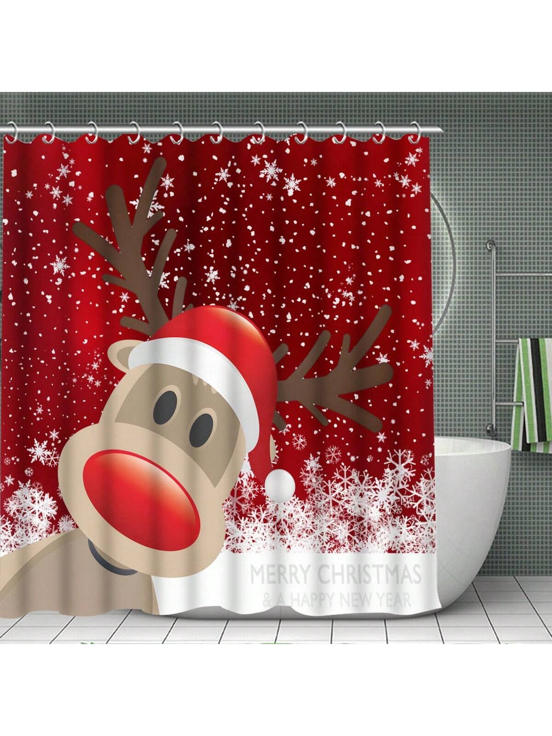 Upgrade your bathroom decor this holiday season with our Festive Christmas Deer Shower Curtain Set. This complete set includes a non-slip bath mat and hooks, adding a touch of holiday cheer to your daily routine. Made with durable material for long-lasting use.