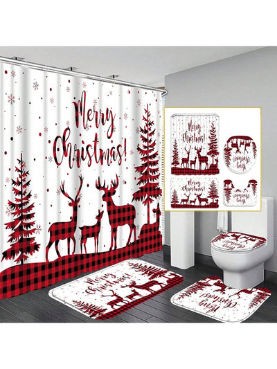 Festive Christmas Deer Shower Curtain Set – Complete Bathroom Decor with Non-Slip Bath Mats & Hooks