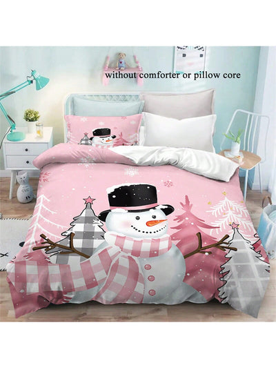 Cozy 3-Piece Pink Snowman Duvet Cover Set – Soft Cartoon Digital Print Bedding for a Charming Bedroom