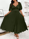 Chic Elegance: Plus Size Pleated Midi Dress with Deep V-Neck and Ruched Sleeves