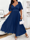 Chic Elegance: Plus Size Pleated Midi Dress with Deep V-Neck and Ruched Sleeves