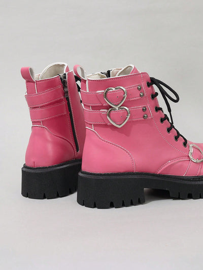 Chic Pink Grunge Punk Studded Heart Lolita Boots for Trendy Girls – Perfect for Spring & Autumn