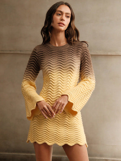 Chic Gradient Flare Sleeve Knit Sweater Dress - Perfect for Autumn & Winter