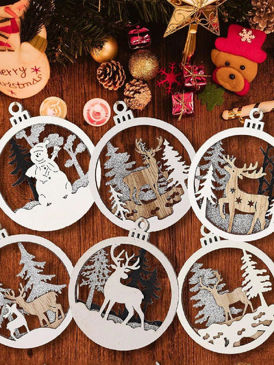 Festive Charm: 6-Piece Wooden Christmas Tree Ornaments Set for Holiday Decor