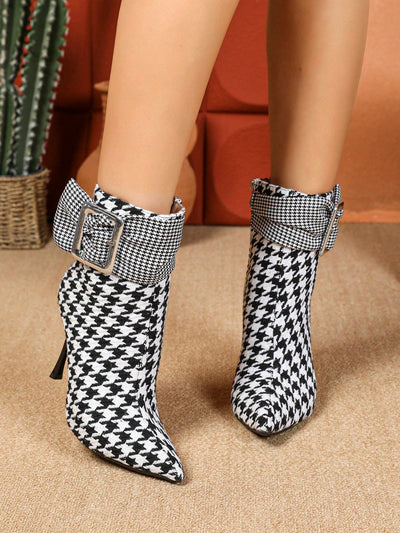 Sparkling Elegance: Rhinestone-Embellished Plaid Pointed Toe Stiletto Ankle Boots