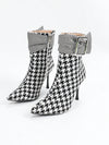 Sparkling Elegance: Rhinestone-Embellished Plaid Pointed Toe Stiletto Ankle Boots