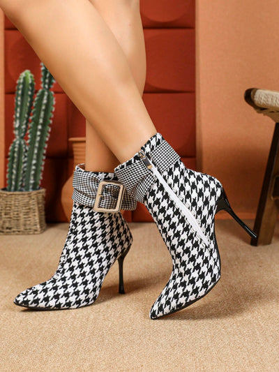 Sparkling Elegance: Rhinestone-Embellished Plaid Pointed Toe Stiletto Ankle Boots