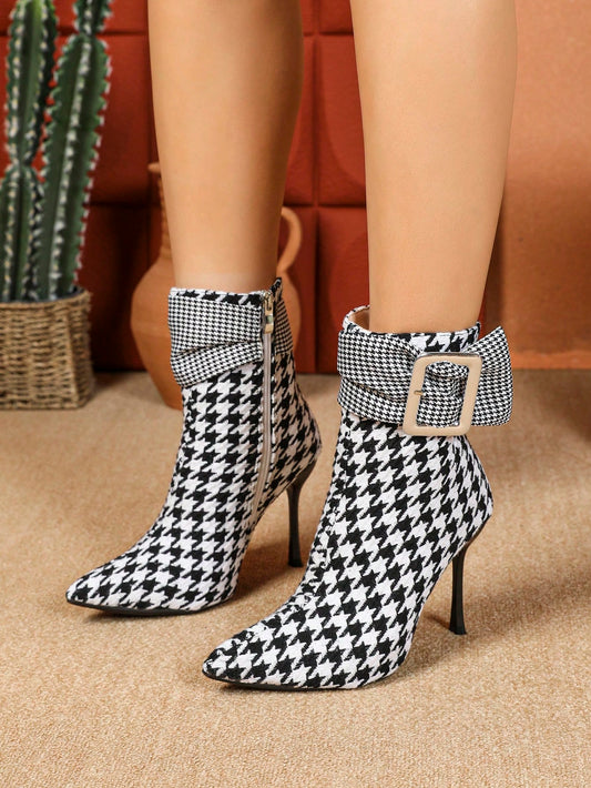 Sparkling Elegance: Rhinestone-Embellished Plaid Pointed Toe Stiletto Ankle Boots