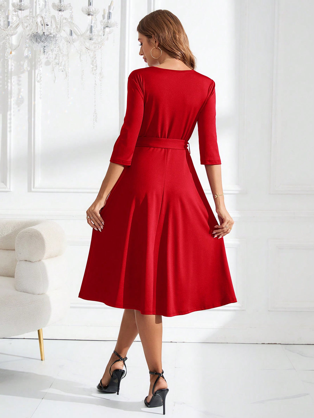 Chic Solid Color Half-Sleeve Casual Dress with Waist Tie for Effortless Style