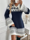 Retro-Inspired Clasic V-Neck Contrast Color Jacquard Sweater Dress