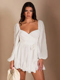 White chiffon mini dress with sweetheart neckline wrap bodice side tie sheer bishop sleeves and ruffle hem