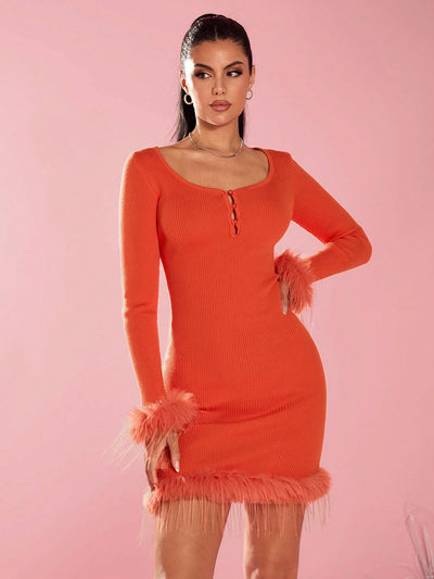 Chic & Cozy: Glamour Slim Faux Ostrich Feather Bodycon Sweater Dress for Fall & Winter