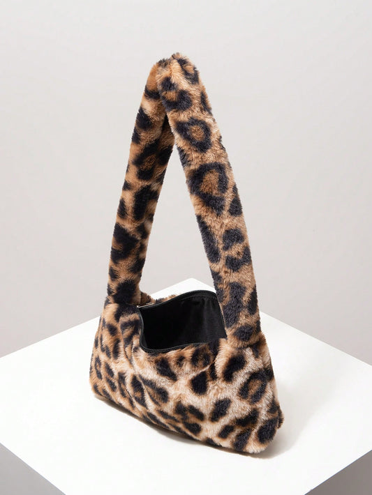 Trendy Autumn Y2K Candy Color Fluffy Satchel Bag with Leopard Print - Chic Travel Purse for Women