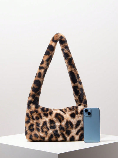 Trendy Autumn Y2K Candy Color Fluffy Satchel Bag with Leopard Print - Chic Travel Purse for Women