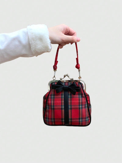 Chic Retro Plaid Handbag with Elegant Bowknot Detail