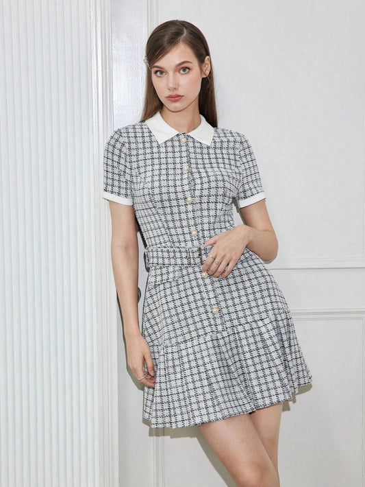 Chic Vintage Plaid Patchwork Ruched Dress for Effortless Back-to-School Style