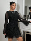 Elegant Plus Size Shiny Black Party Dress with Gold and Silver Thread Accents