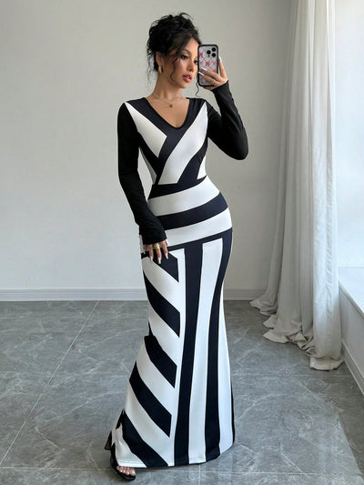 Chic Colorblock Striped V-Neck Fish Tail Dress - Elegant Extra Long Fitted Style for Women