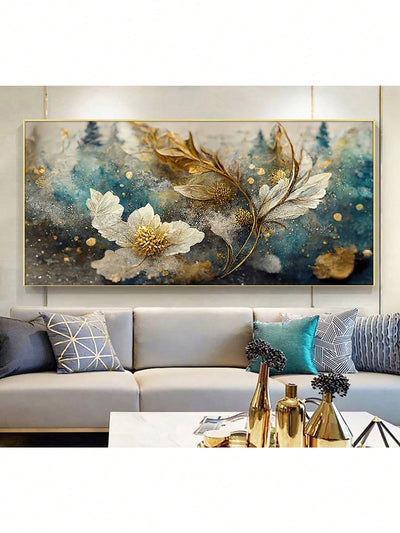 Vibrant Floral Elegance: Gold, Green & Pink Canvas Wall Art for Modern Home Décor